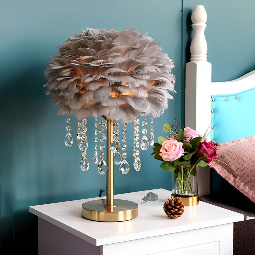 Modern LED Feather Table Lamp with Crystal Tassels - Ambient Lighting