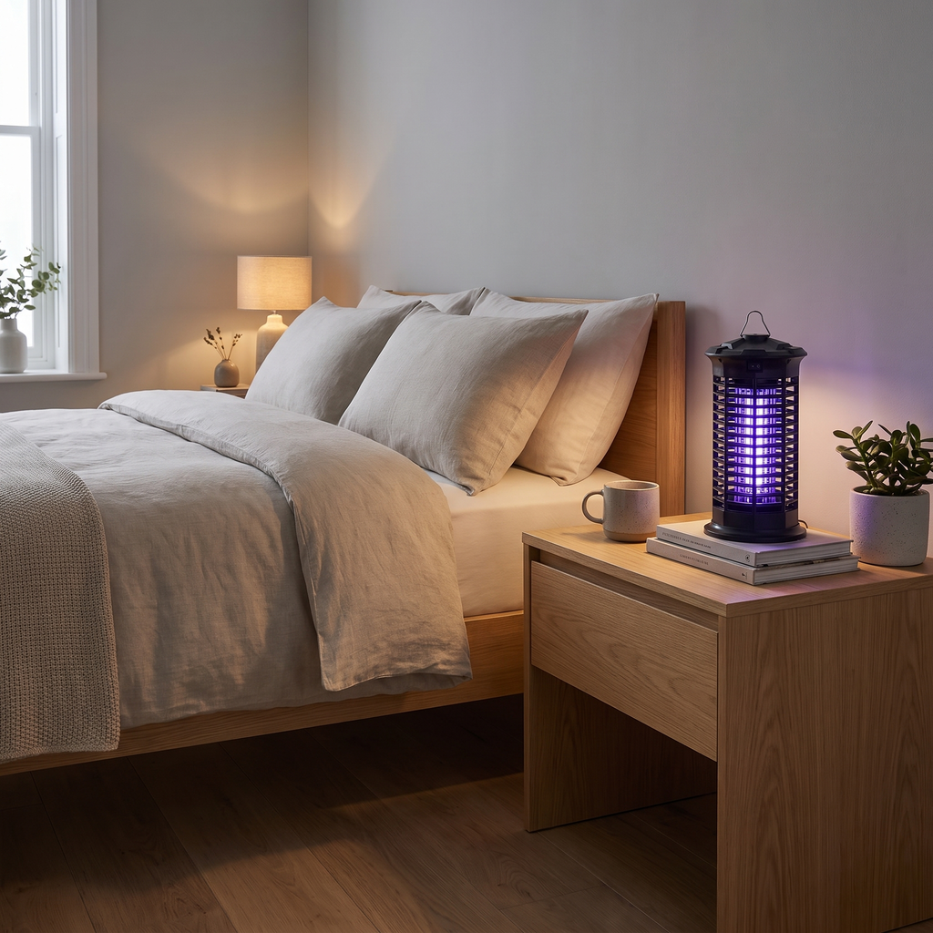 Bedroom with a bed, nightstand, and mosquito repellent lamp.