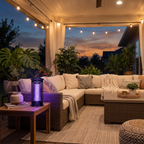 Outdoor patio with sectional sofa, string lights, and a purple UV light on a wooden table.