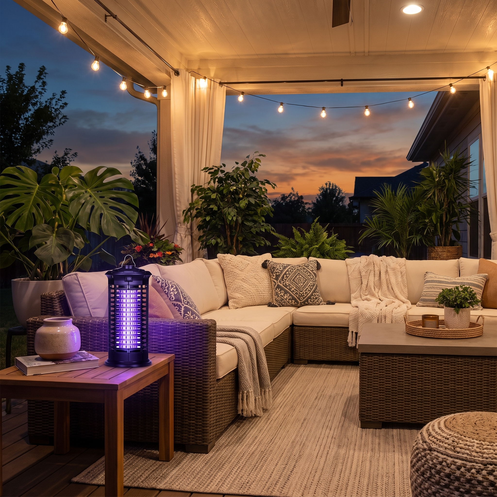 Outdoor patio with sectional sofa, string lights, and a purple UV light on a wooden table.