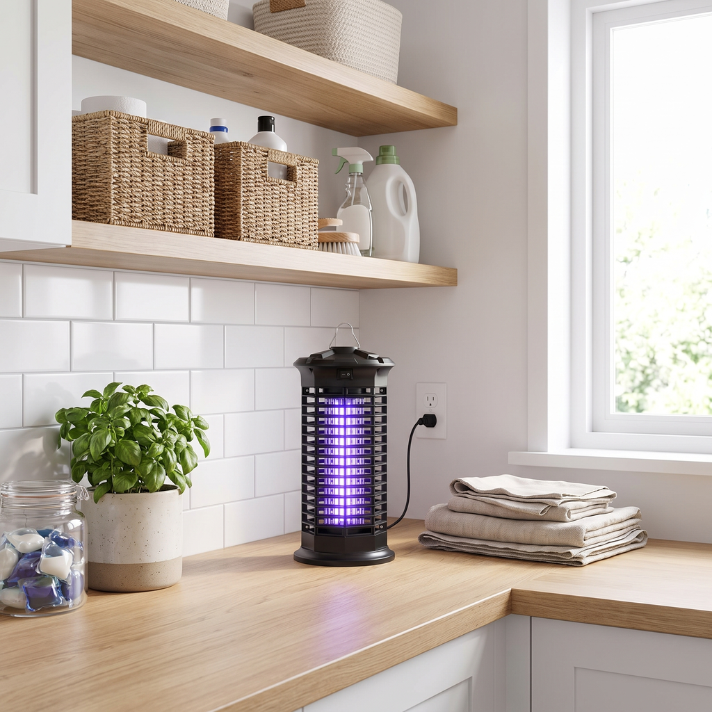 Black bug zapper on a kitchen counter with a plant and cleaning supplies in the background.