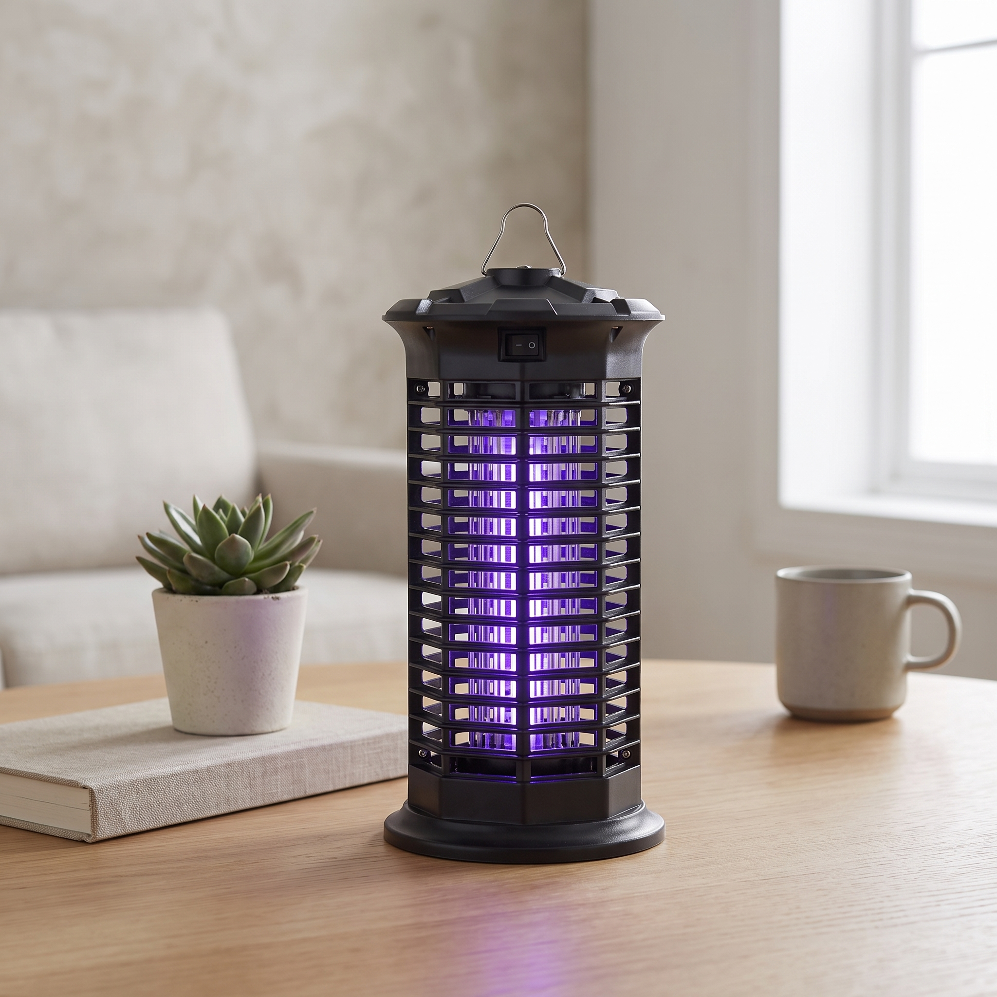 Insect zapper on a table with a plant and mug in a home setting