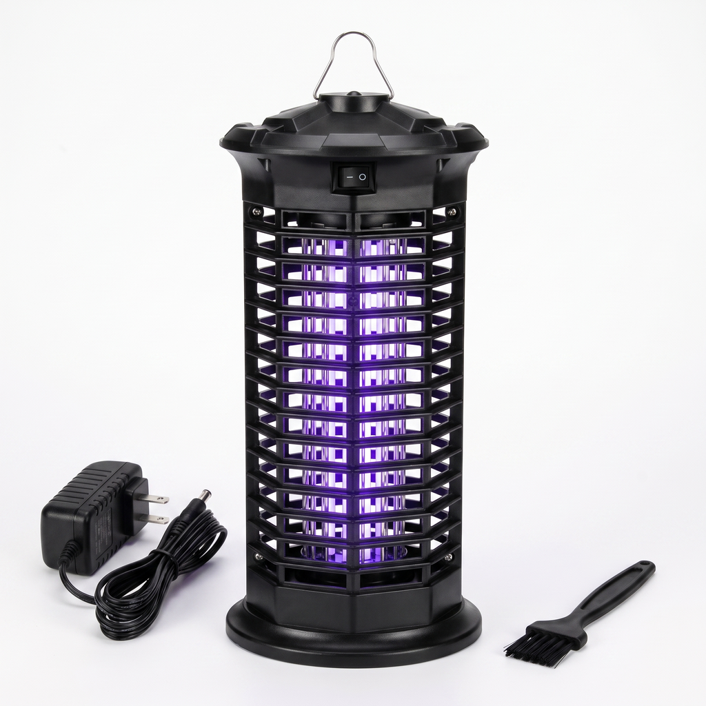 Black insect killer with purple light on a white background