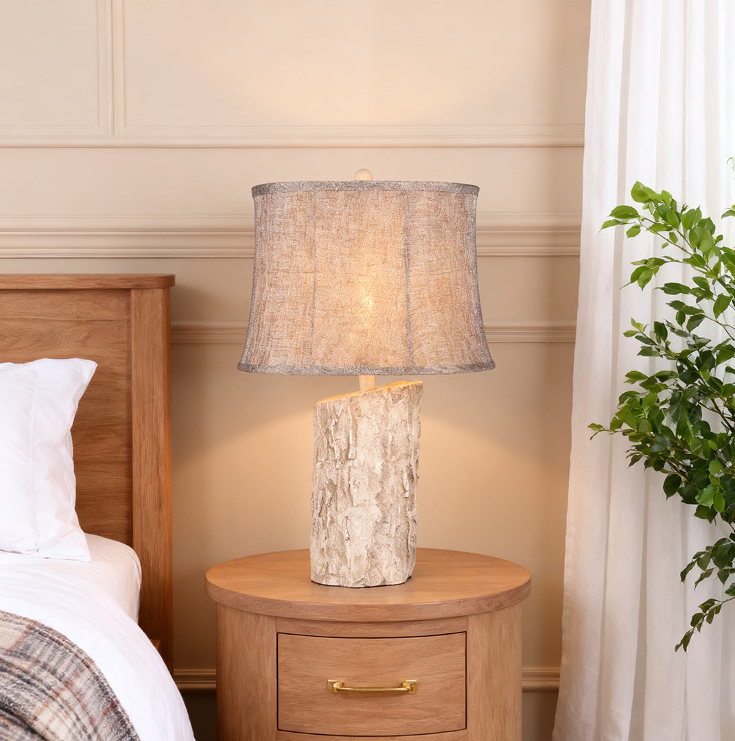 White Wood Table Lamp with Bark Fabric Shade - Ambient Lighting