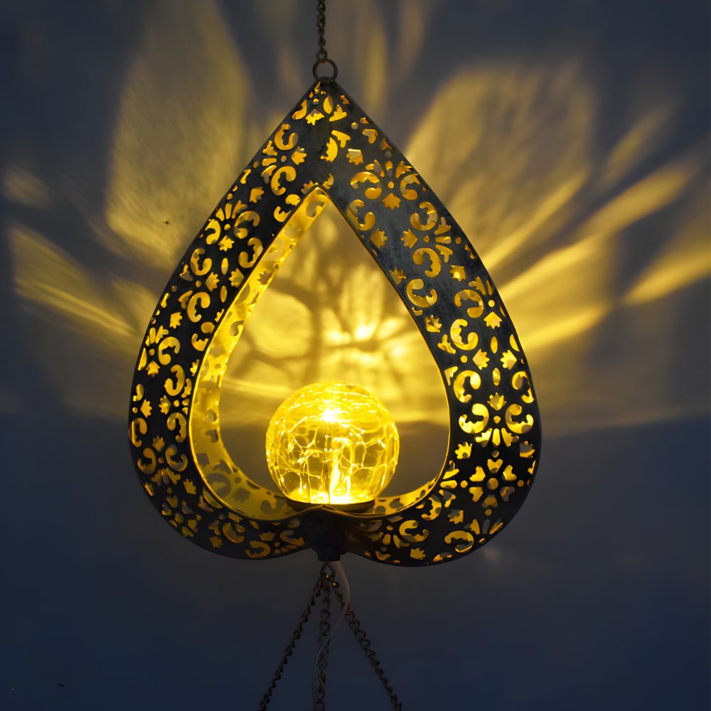 Solar-Powered Waterproof Iron Heart Pendant with Wind Chimes - LED Hanging Light