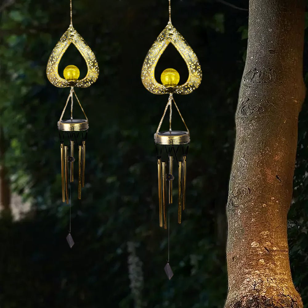 Solar-Powered Waterproof Iron Heart Pendant with Wind Chimes - LED Hanging Light