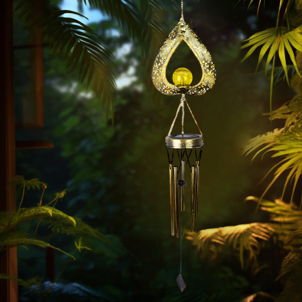 Solar-Powered Waterproof Iron Heart Pendant with Wind Chimes - LED Hanging Light