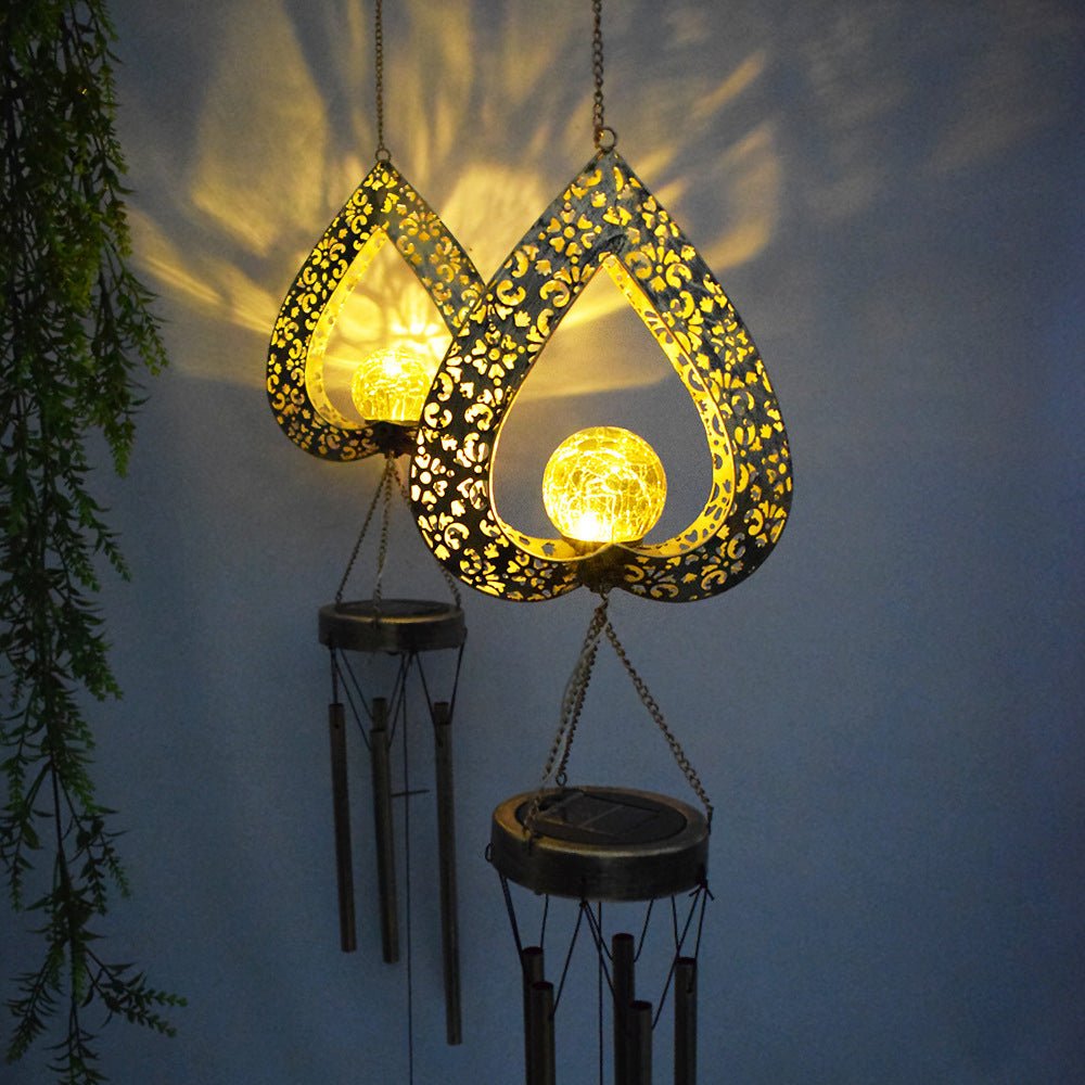 Solar-Powered Waterproof Iron Heart Pendant with Wind Chimes - LED Hanging Light