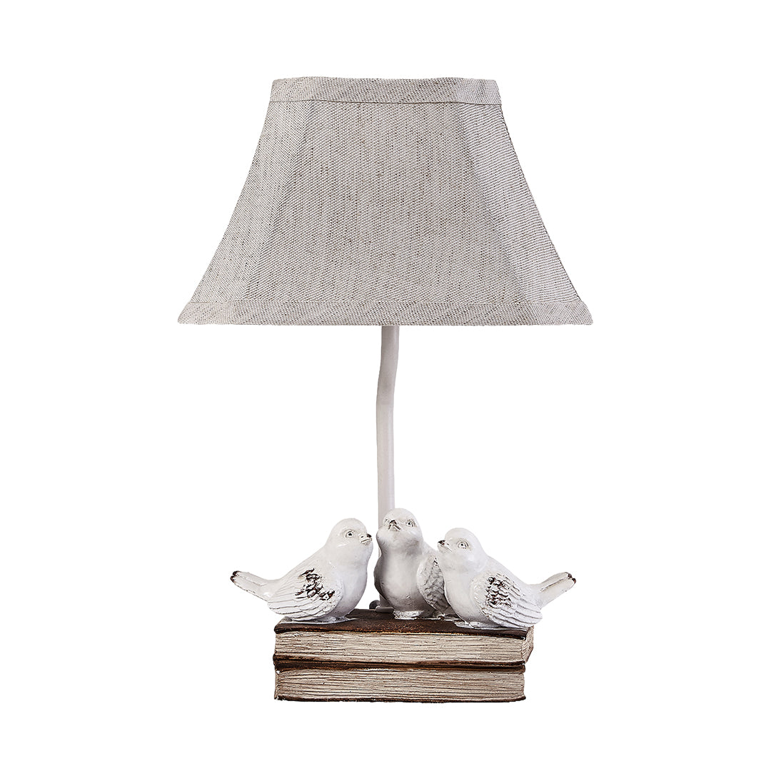 French Bird Table Lamp on Stacked Books - Fabric Shade