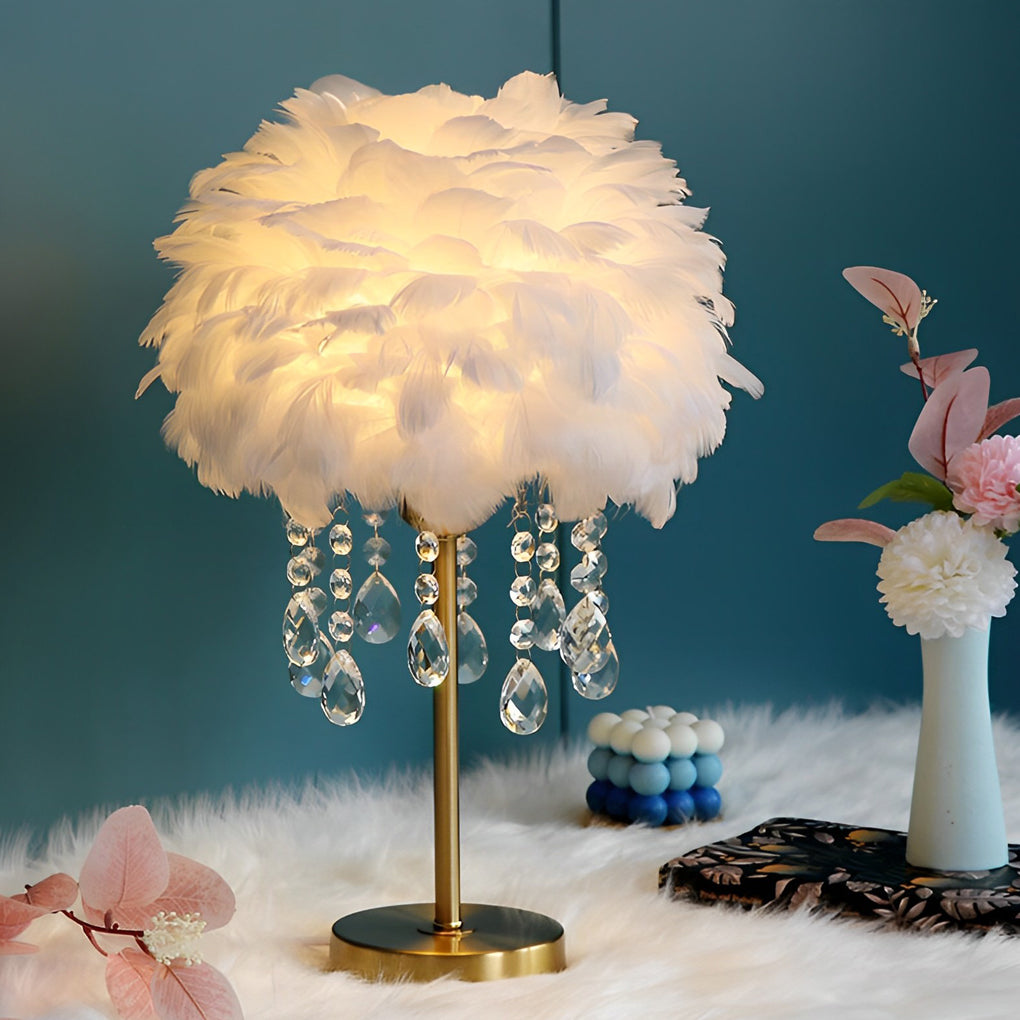 Modern LED Feather Table Lamp with Crystal Tassels - Ambient Lighting