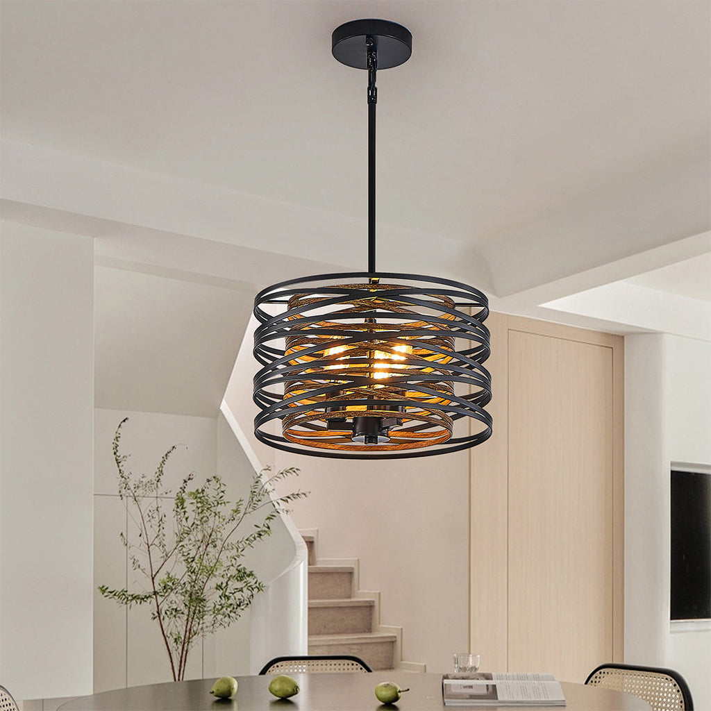Black Iron Cage Drum Pendant Light - Round Ceiling Fixture