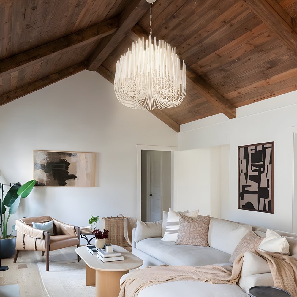 White Painted Wooden Stick Chandelier - Organic Ceiling Light