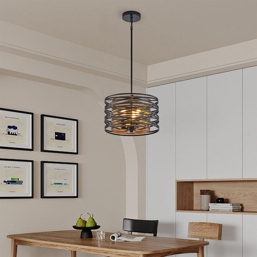 Black Iron Cage Drum Pendant Light - Round Ceiling Fixture