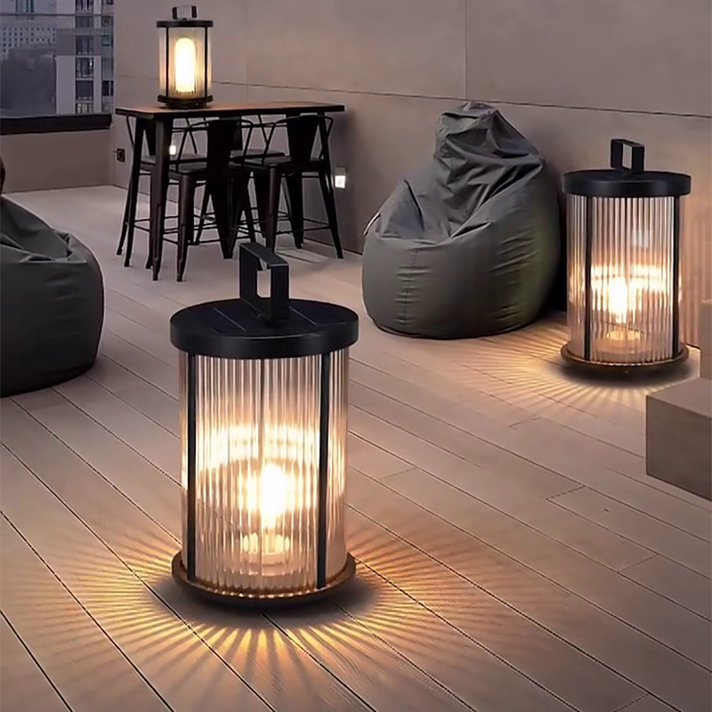 Premium Striped Glass Solar LED Lantern for Outdoor Decor