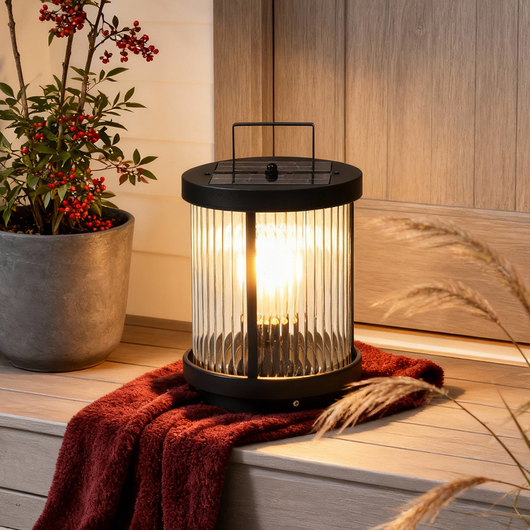 Premium Striped Glass Solar LED Lantern for Outdoor Decor