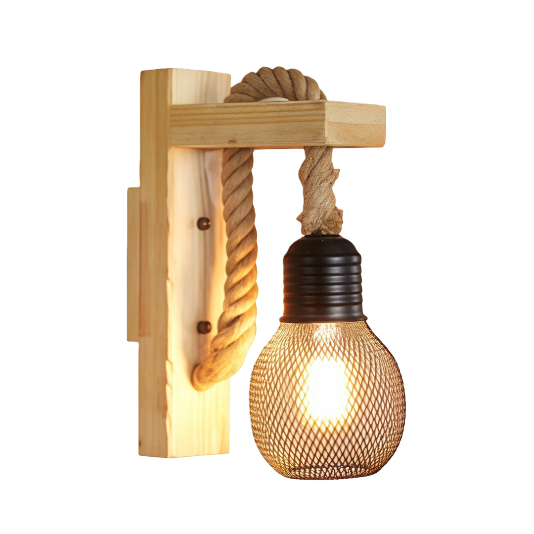 Rustic Iron Wall Lamp with Hemp Rope and Wood Accent