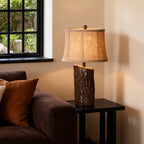 Faux Wood Table Lamp with Bark-Textured Fabric Shade