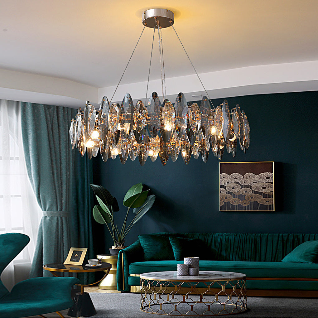 Modern Smoke Gray Oval Crystal Chandelier with Round Iron LED