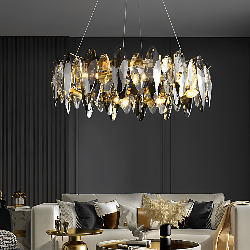 Modern Smoke Gray Oval Crystal Chandelier with Round Iron LED