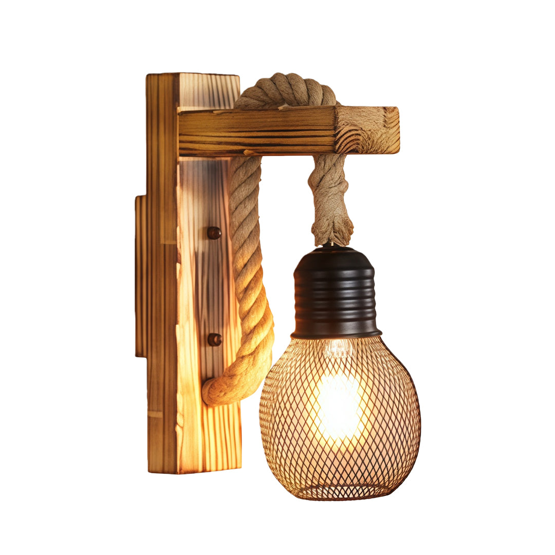 Rustic Iron Wall Lamp with Hemp Rope and Wood Accent