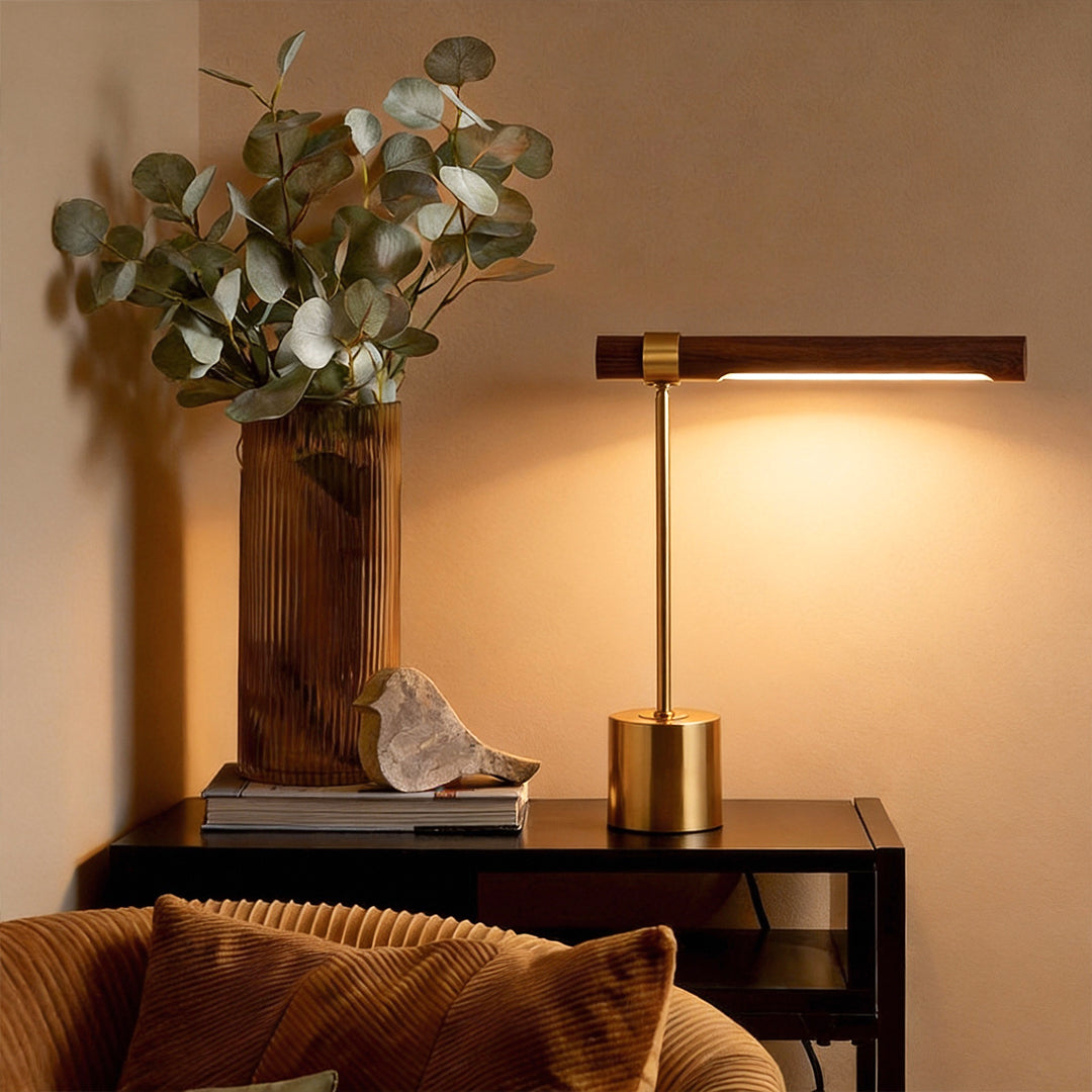 Mid-Century Modern Wood & Brass Linear LED Lamp