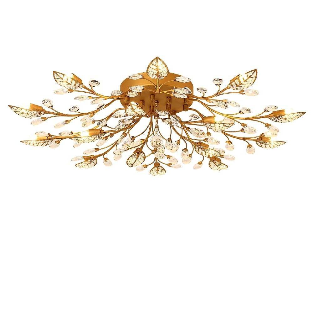 Modern Brass Leaf Chandelier with Crystal Accents