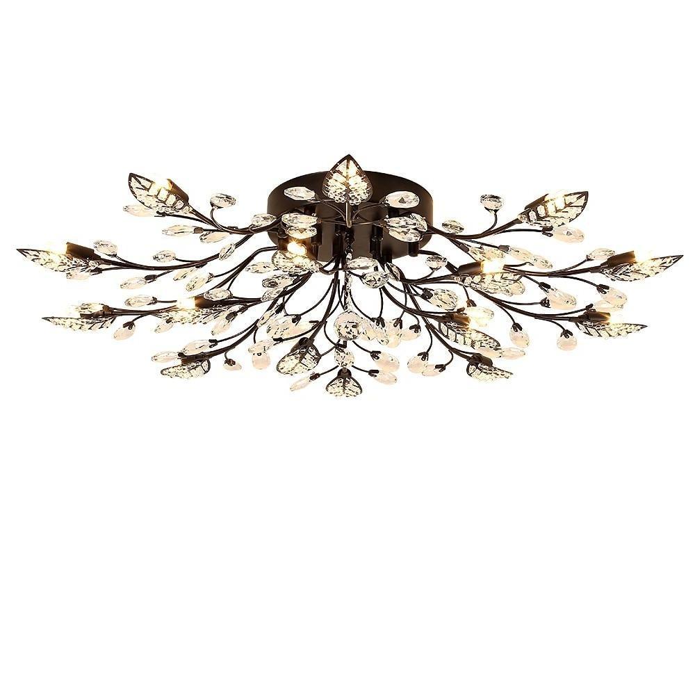 Modern Brass Leaf Chandelier with Crystal Accents