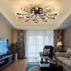 Modern Brass Leaf Chandelier with Crystal Accents