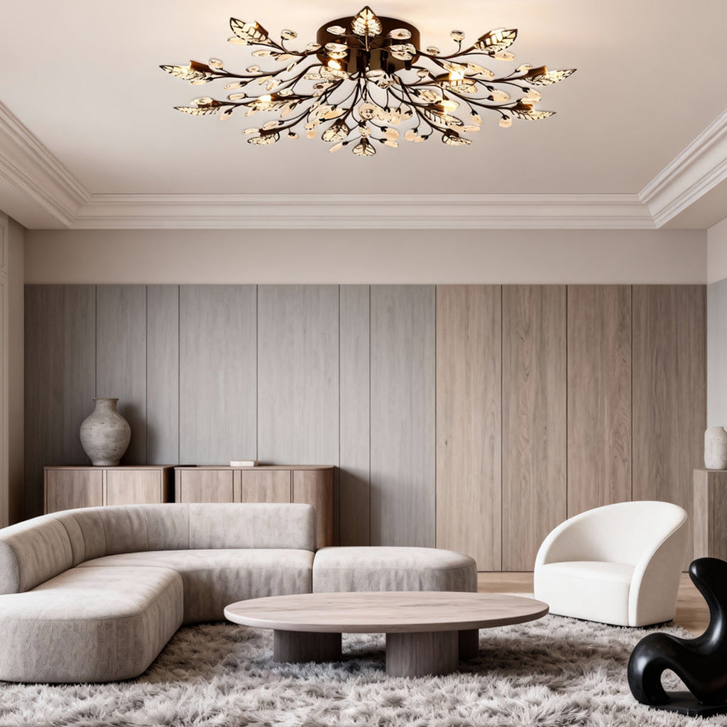 Modern Brass Leaf Chandelier with Crystal Accents