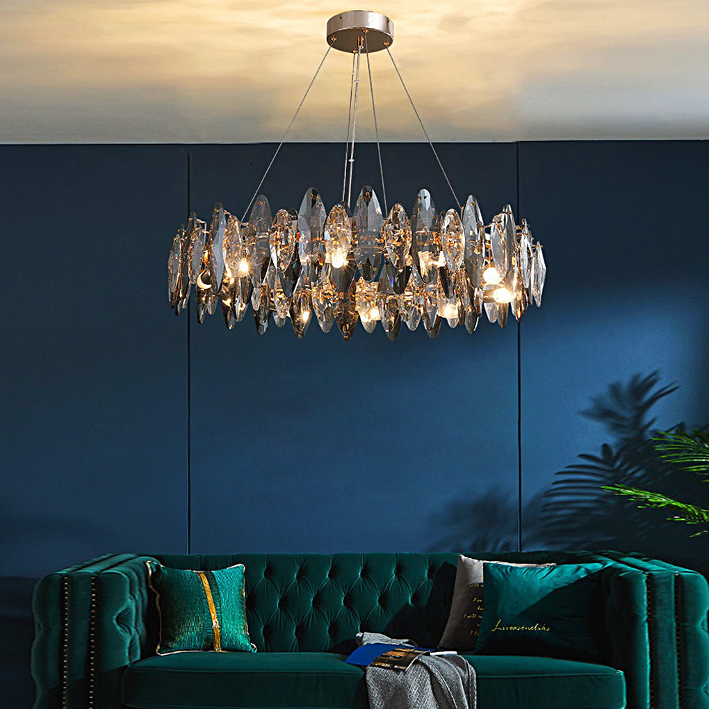 Modern Smoke Gray Oval Crystal Chandelier with Round Iron LED