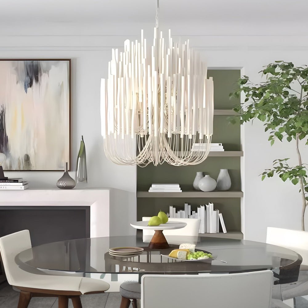 White Painted Wooden Stick Chandelier - Organic Ceiling Light