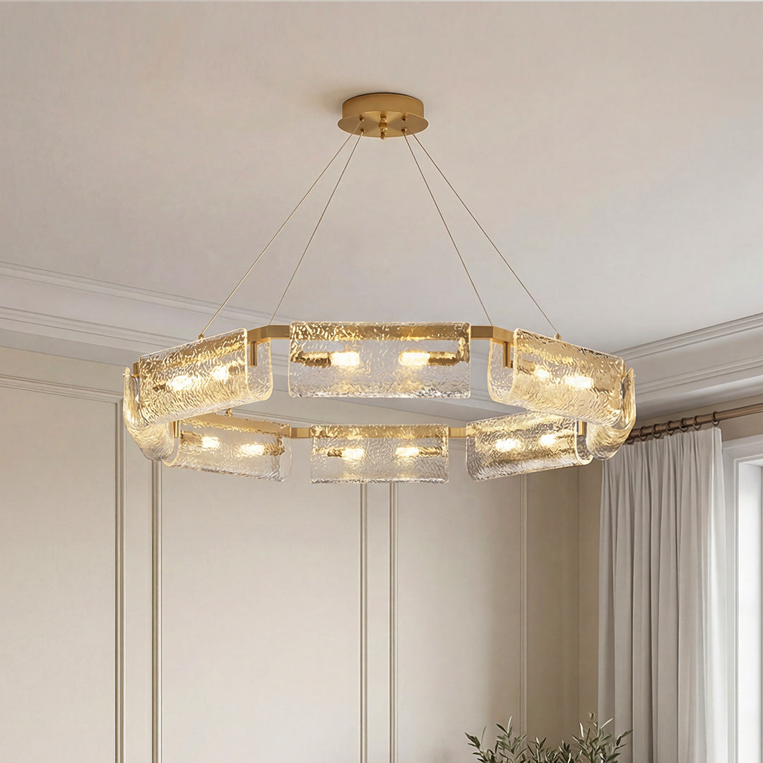 Luxury Rectangular Glass Chandelier with Brass Ceiling Fixture