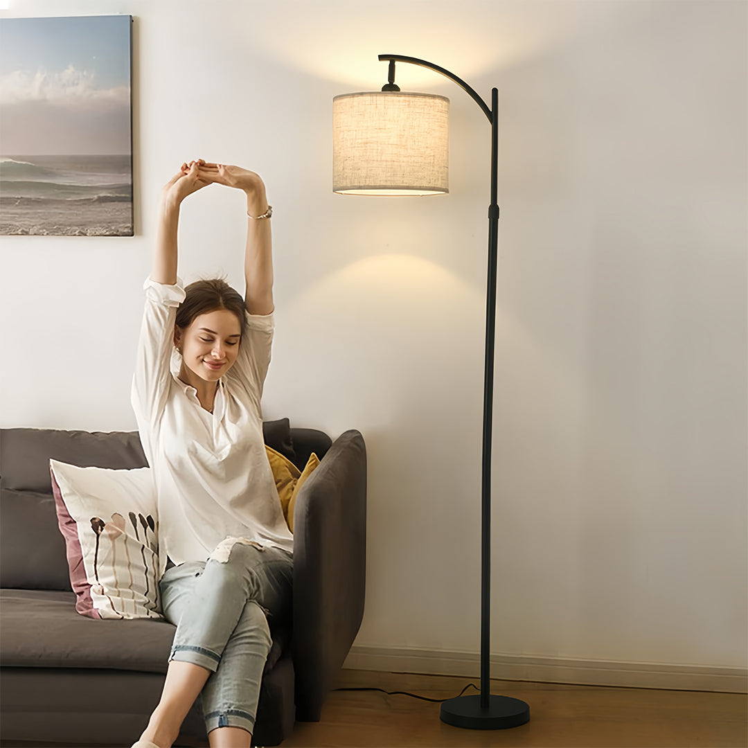 Minimalist Arc Floor Lamp with Fabric Shade - Modern Metal Design for Living Room