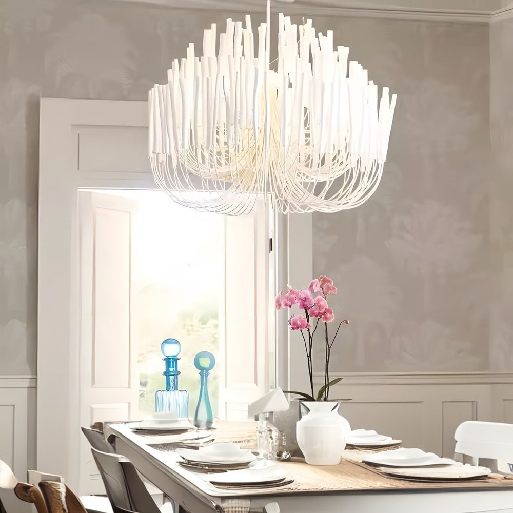 White Painted Wooden Stick Chandelier - Organic Ceiling Light