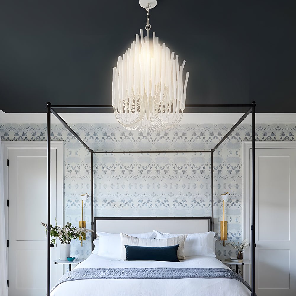 White Painted Wooden Stick Chandelier - Organic Ceiling Light