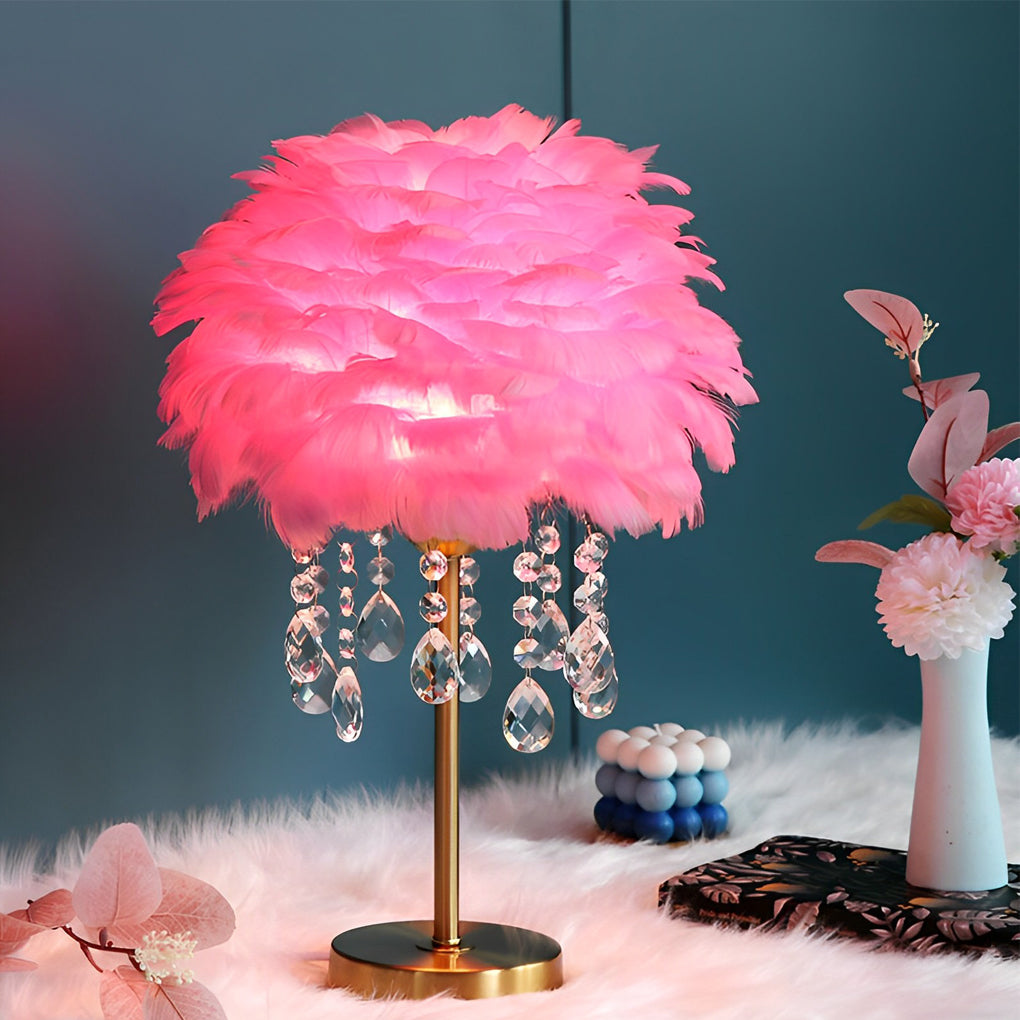Modern LED Feather Table Lamp with Crystal Tassels - Ambient Lighting