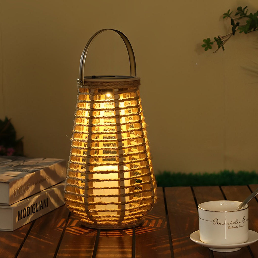 Premium Rattan Solar Lantern - Waterproof LED Hanging Light with Hemp Rope