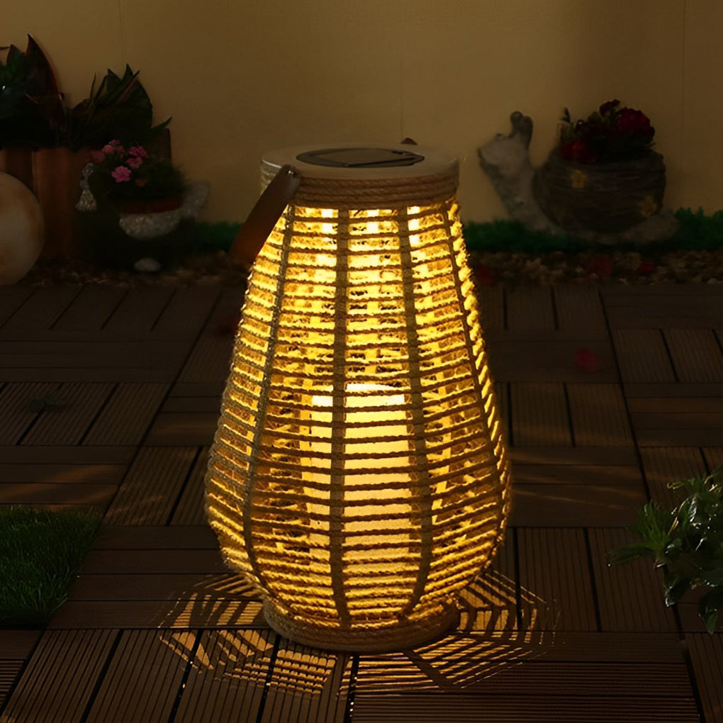 Premium Rattan Solar Lantern - Waterproof LED Hanging Light with Hemp Rope