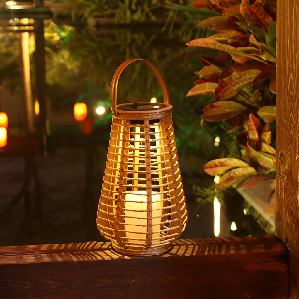 Premium Rattan Solar Lantern - Waterproof LED Hanging Light with Hemp Rope