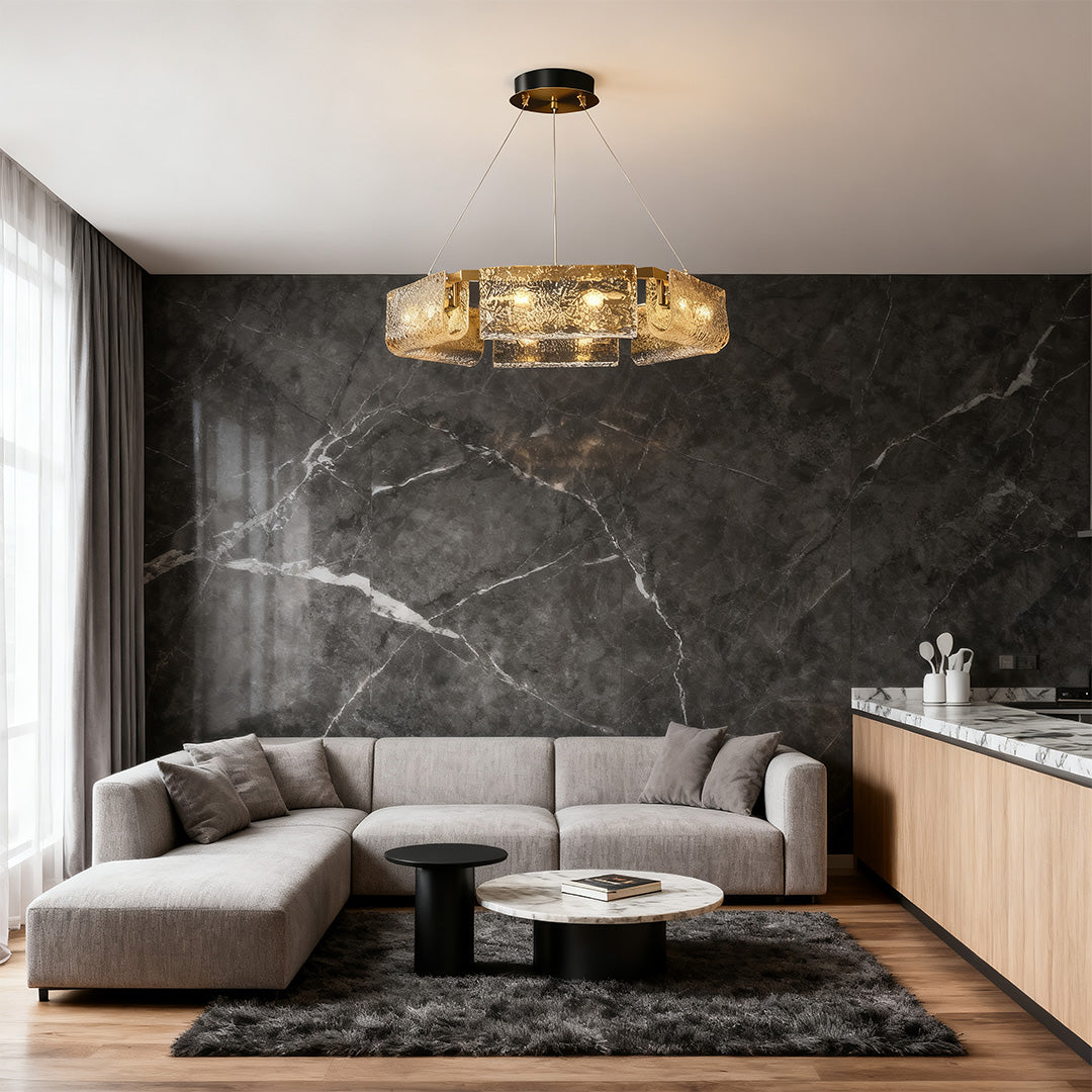 Luxury Rectangular Glass Chandelier with Brass Ceiling Fixture