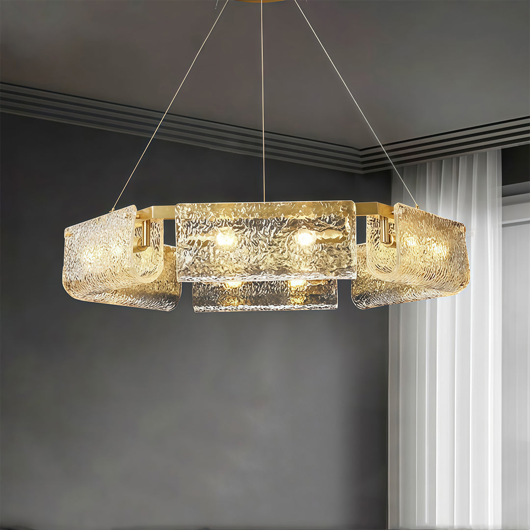 Luxury Rectangular Glass Chandelier with Brass Ceiling Fixture