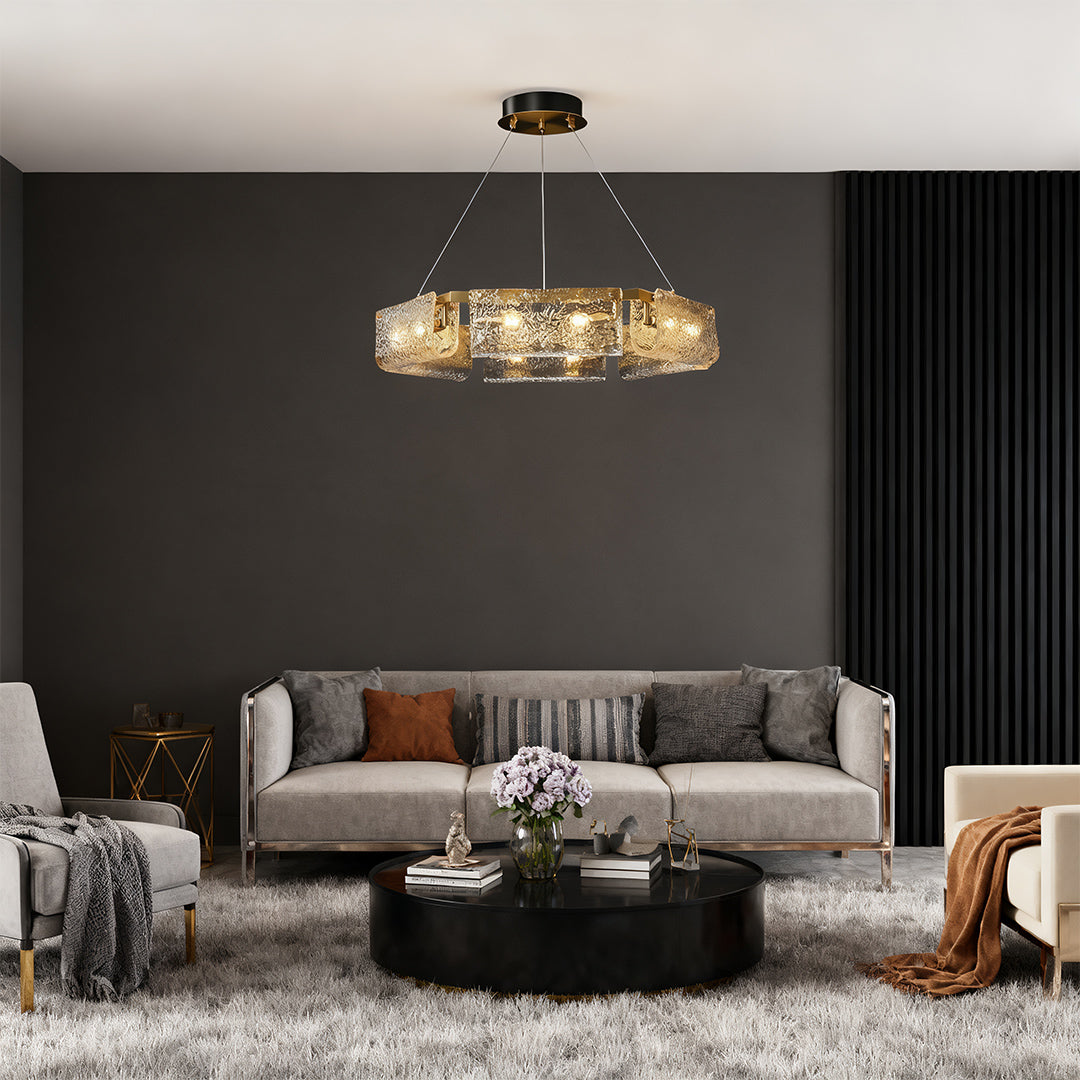 Luxury Rectangular Glass Chandelier with Brass Ceiling Fixture