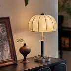 Vintage Brass Dome Table Lamp with Fabric Shade and Pull Chain