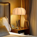 Vintage Brass Dome Table Lamp with Fabric Shade and Pull Chain