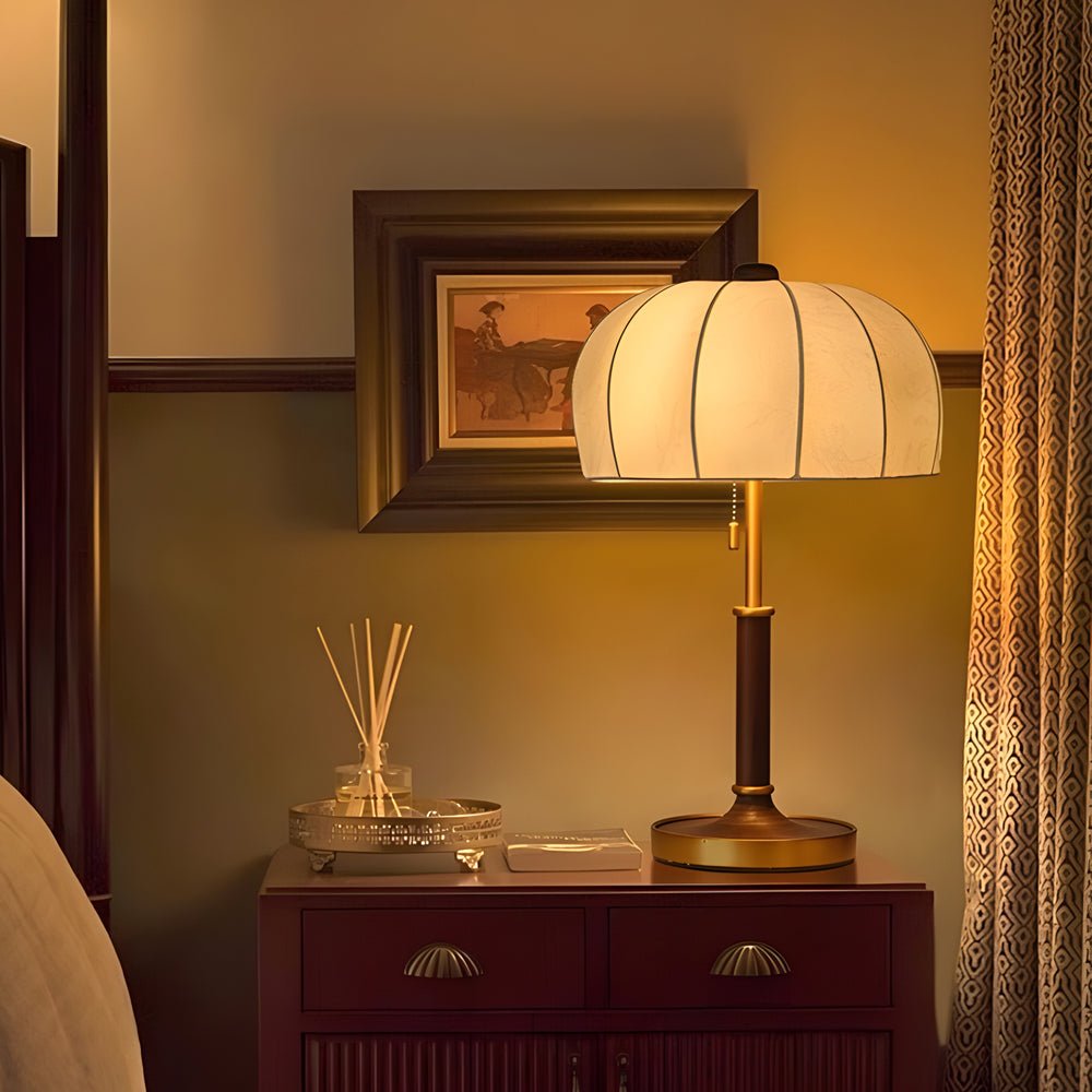 Vintage Brass Dome Table Lamp with Fabric Shade and Pull Chain
