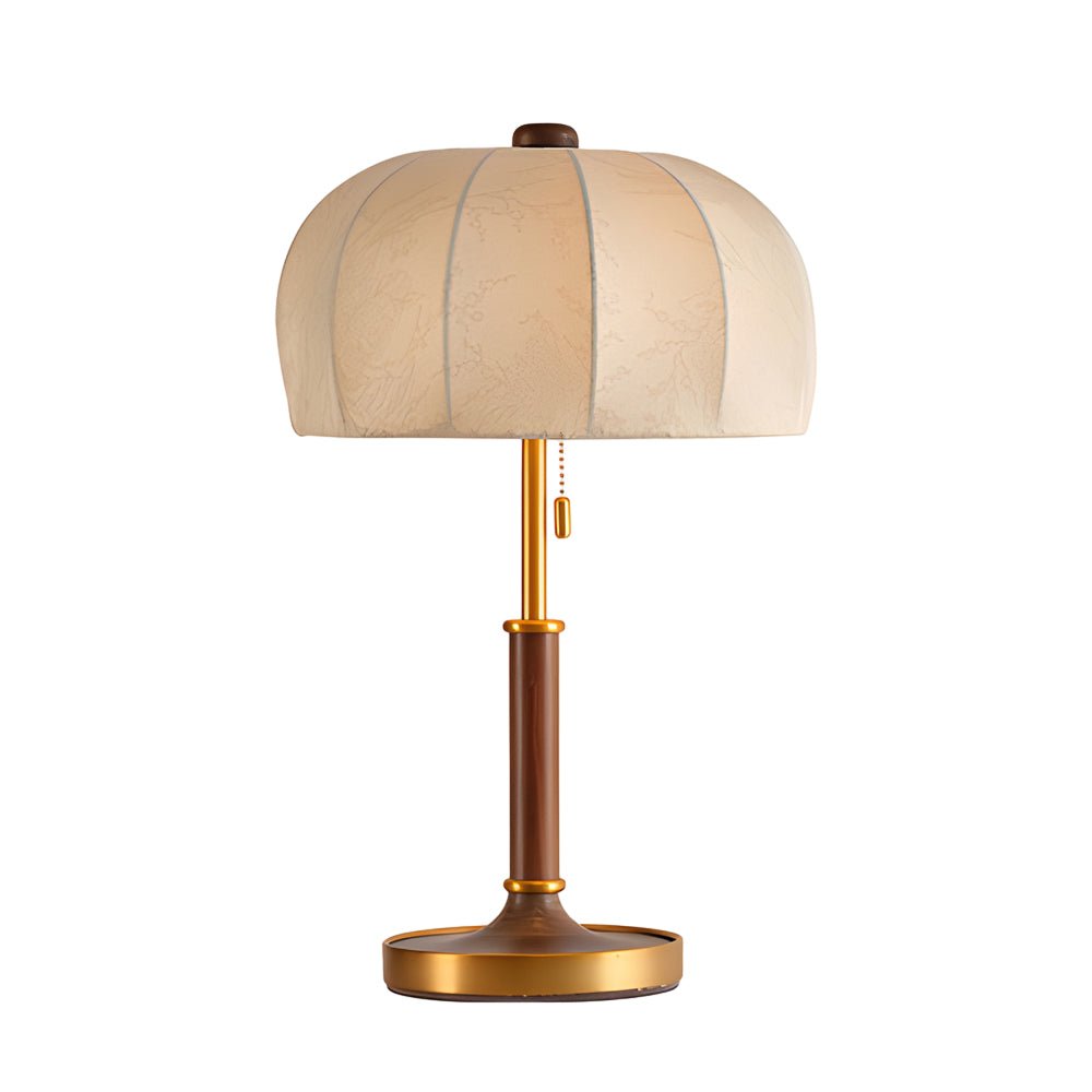 Vintage Brass Dome Table Lamp with Fabric Shade and Pull Chain