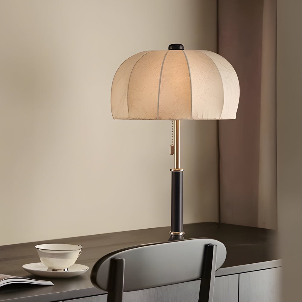 Vintage Brass Dome Table Lamp with Fabric Shade and Pull Chain