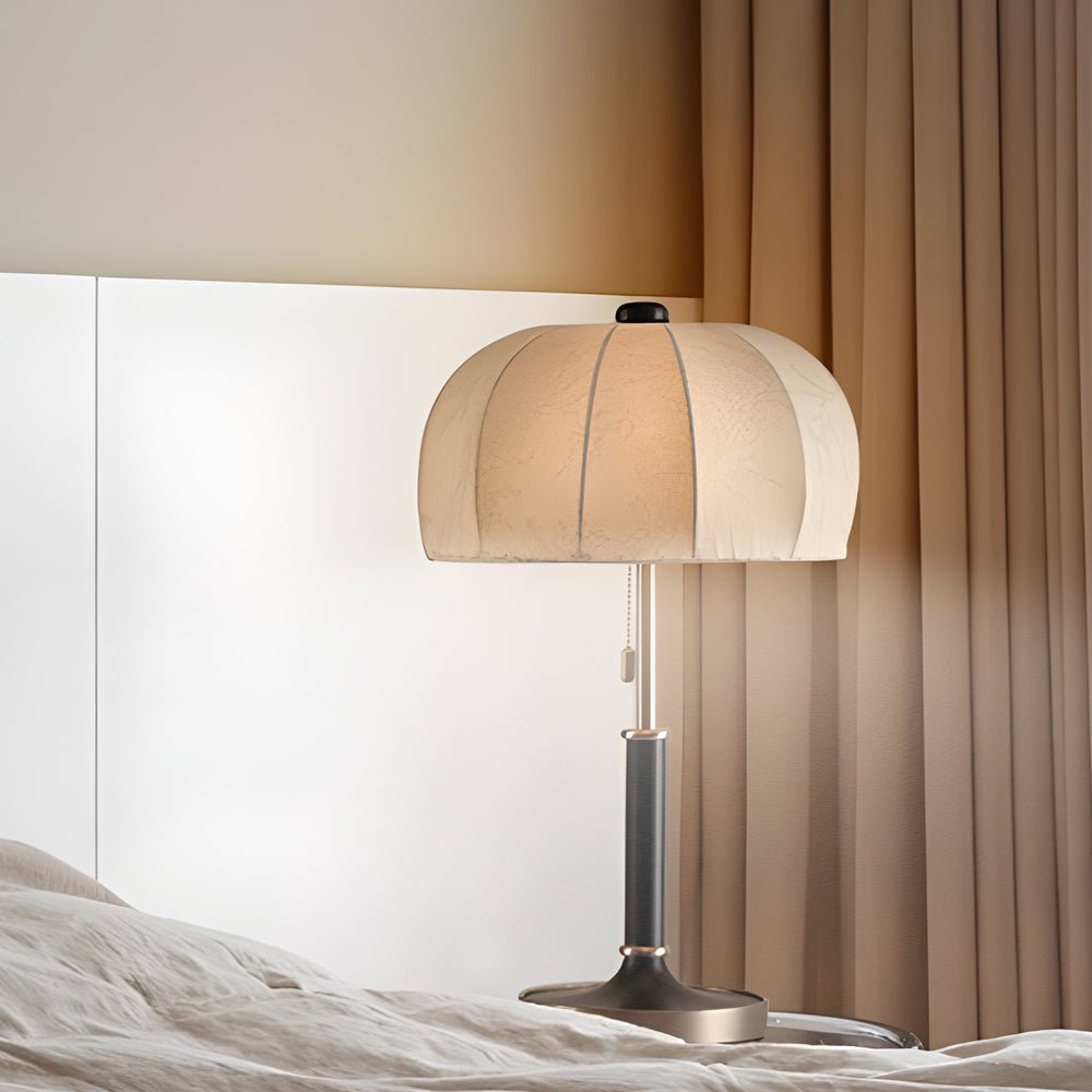 Vintage Brass Dome Table Lamp with Fabric Shade and Pull Chain