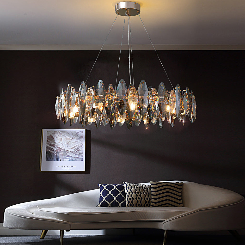 Modern Smoke Gray Oval Crystal Chandelier with Round Iron LED