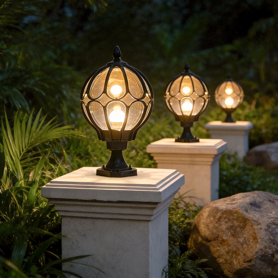Premium Retro Glass Globe Outdoor Pillar Light with Copper Accent